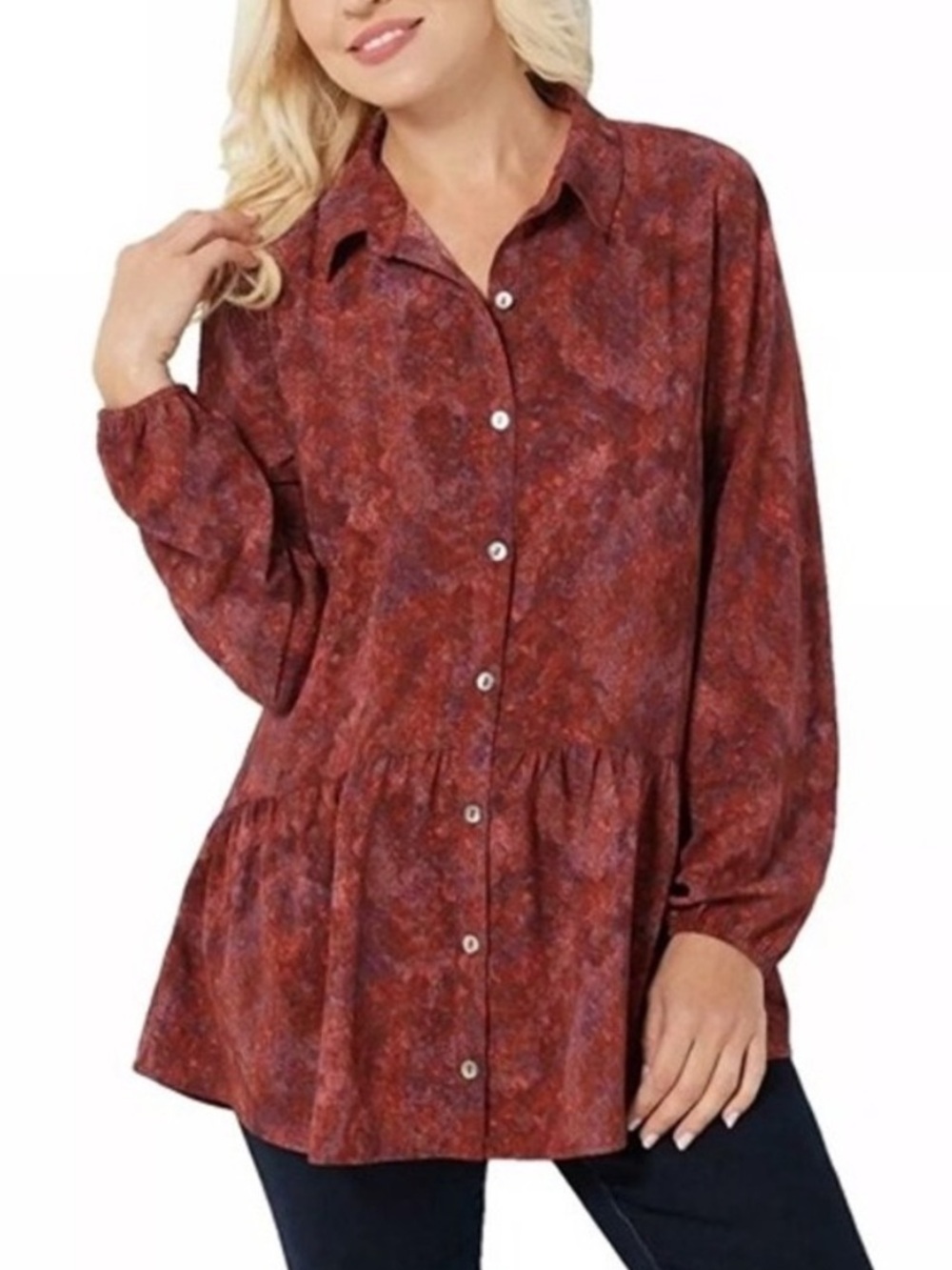 LOGO by Lori Goldstein Red A-Line Button Down Tunic Top Ruffle Hem Size Small
